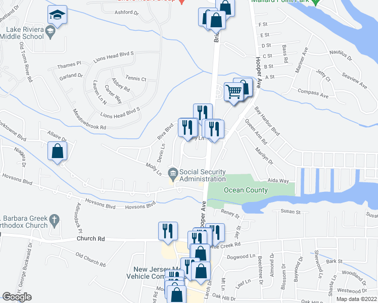 map of restaurants, bars, coffee shops, grocery stores, and more near 60 Brick Boulevard in Brick Township