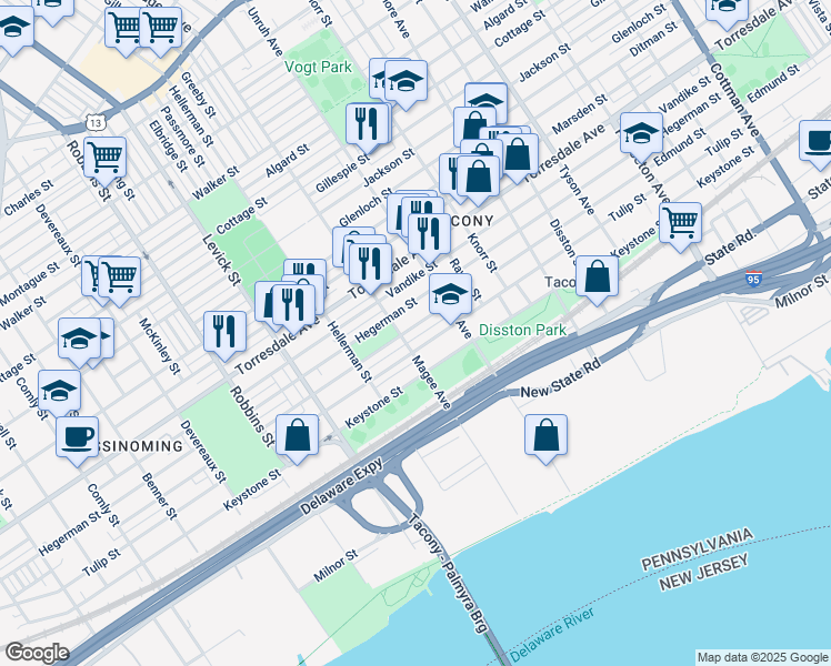 map of restaurants, bars, coffee shops, grocery stores, and more near 6604 Tulip Street in Philadelphia