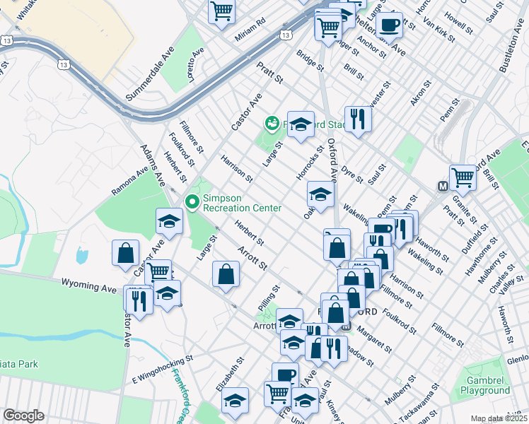 map of restaurants, bars, coffee shops, grocery stores, and more near 1134 Fillmore Street in Philadelphia