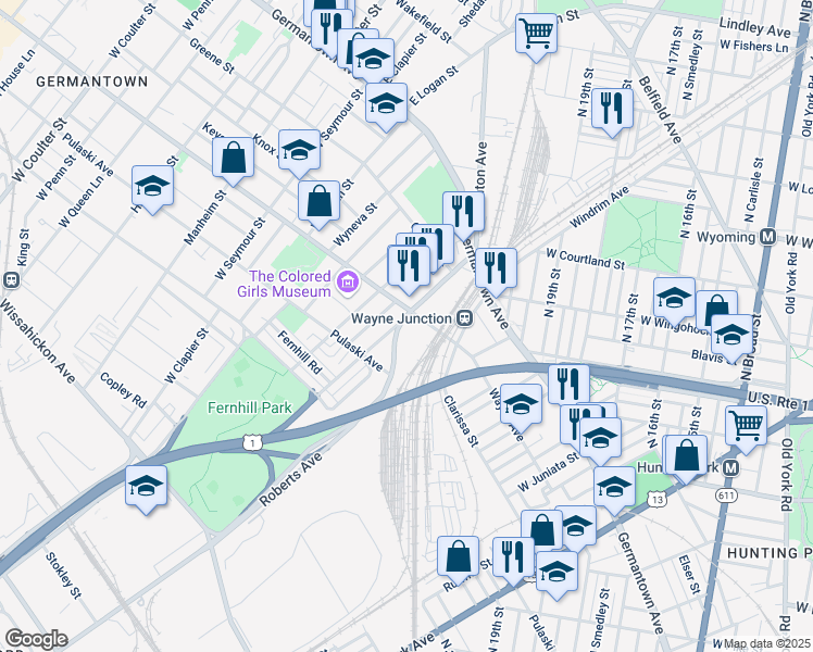 map of restaurants, bars, coffee shops, grocery stores, and more near 220 West Roberts Avenue in Philadelphia