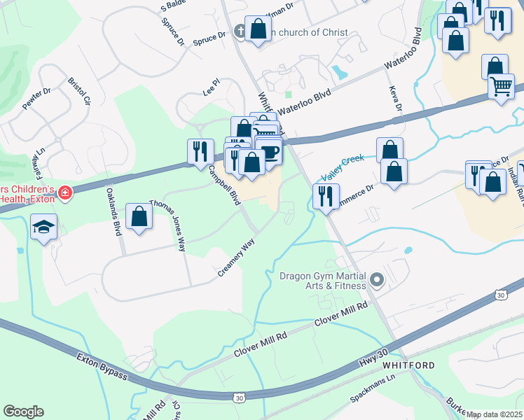 map of restaurants, bars, coffee shops, grocery stores, and more near 351 Creamery Way in Exton