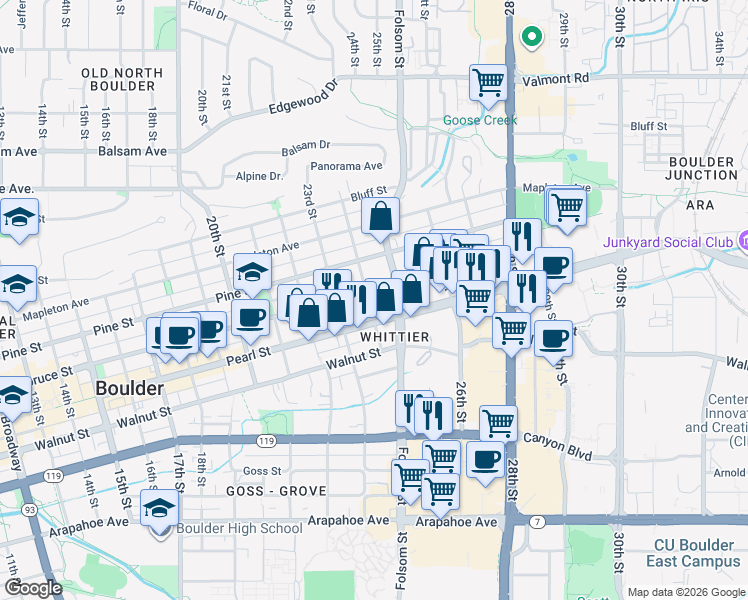 map of restaurants, bars, coffee shops, grocery stores, and more near 2400 Spruce Street in Boulder