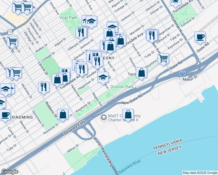 map of restaurants, bars, coffee shops, grocery stores, and more near 6670 Keystone Street in Philadelphia