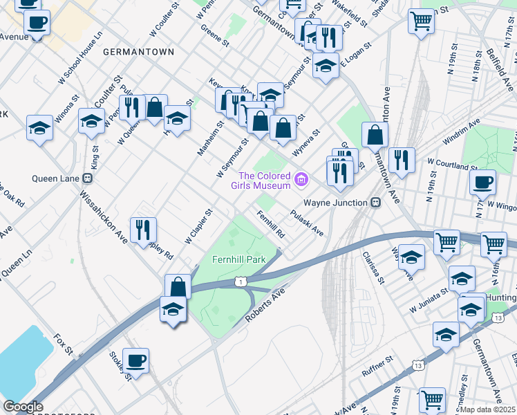 map of restaurants, bars, coffee shops, grocery stores, and more near 4651 Fernhill Road in Philadelphia