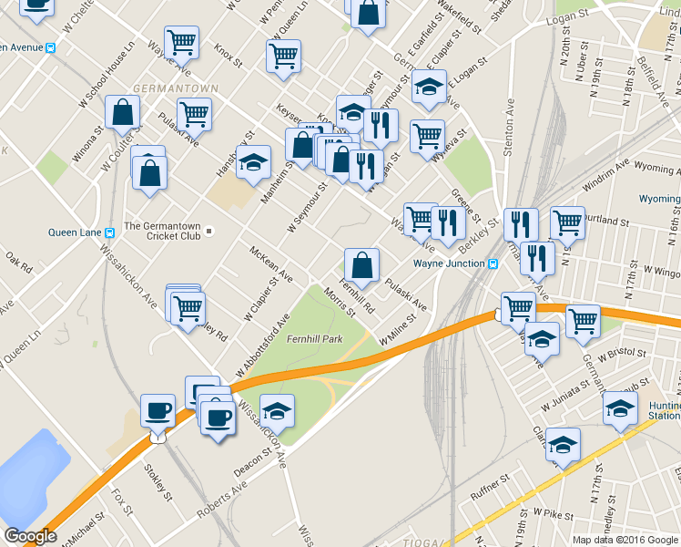 map of restaurants, bars, coffee shops, grocery stores, and more near 4651 Fernhill Road in Philadelphia