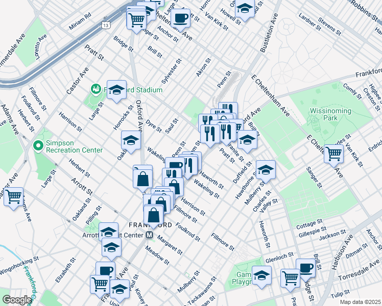 map of restaurants, bars, coffee shops, grocery stores, and more near Griscom St & Dyre St in Philadelphia