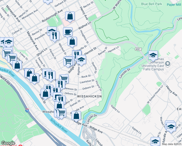map of restaurants, bars, coffee shops, grocery stores, and more near 215 Rock Street in Philadelphia