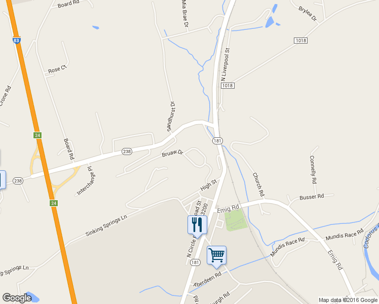 map of restaurants, bars, coffee shops, grocery stores, and more near 255 Bruaw Drive in York