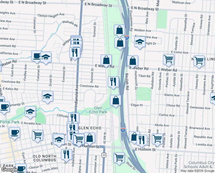 map of restaurants, bars, coffee shops, grocery stores, and more near 2777 Silver Drive in Columbus