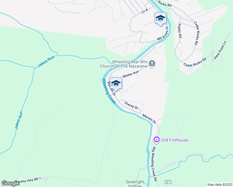 map of restaurants, bars, coffee shops, grocery stores, and more near 247 Marwin Drive in Wheeling