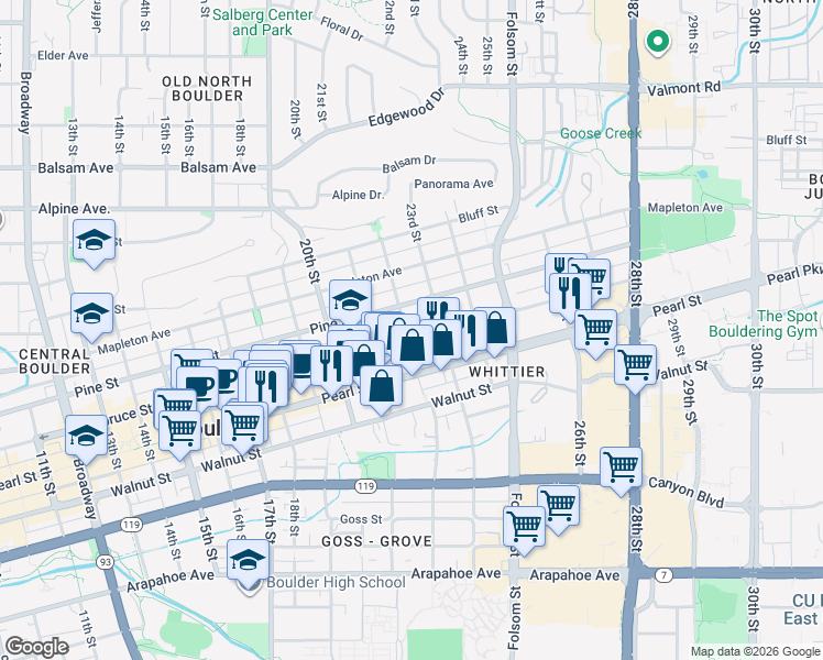map of restaurants, bars, coffee shops, grocery stores, and more near 2220 Spruce Street in Boulder