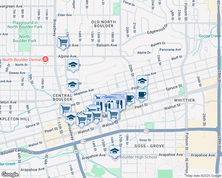 map of restaurants, bars, coffee shops, grocery stores, and more near 1645 Pine Street in Boulder
