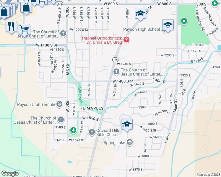 map of restaurants, bars, coffee shops, grocery stores, and more near 1425 South State Street in Payson