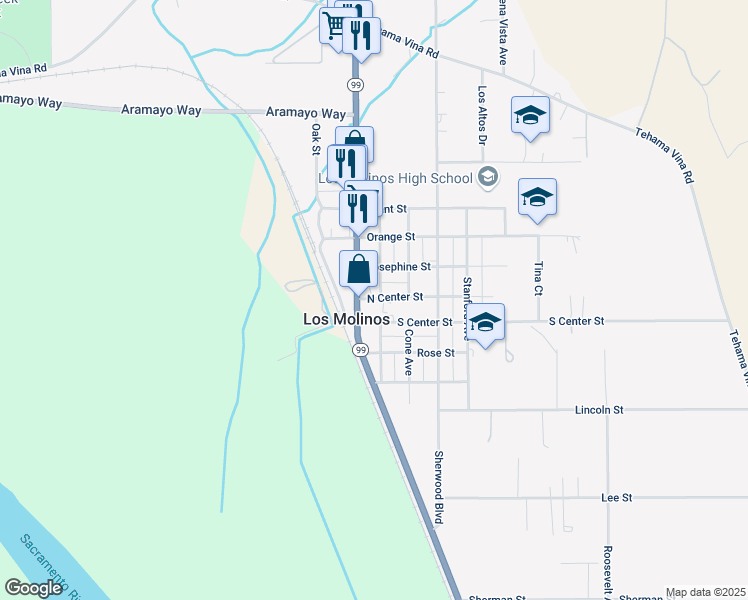 map of restaurants, bars, coffee shops, grocery stores, and more near 25132-25162 South Center Street in Los Molinos
