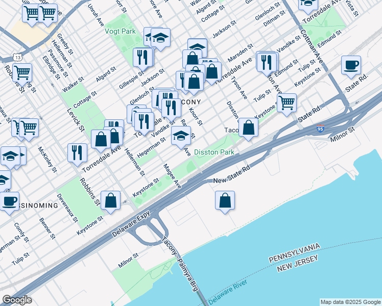 map of restaurants, bars, coffee shops, grocery stores, and more near 6670 Keystone Street in Philadelphia