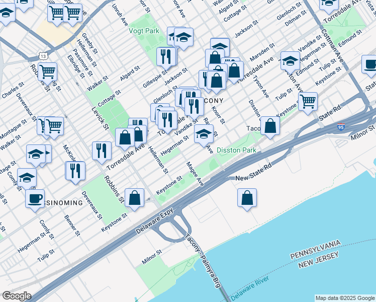 map of restaurants, bars, coffee shops, grocery stores, and more near 6604 Tulip Street in Philadelphia
