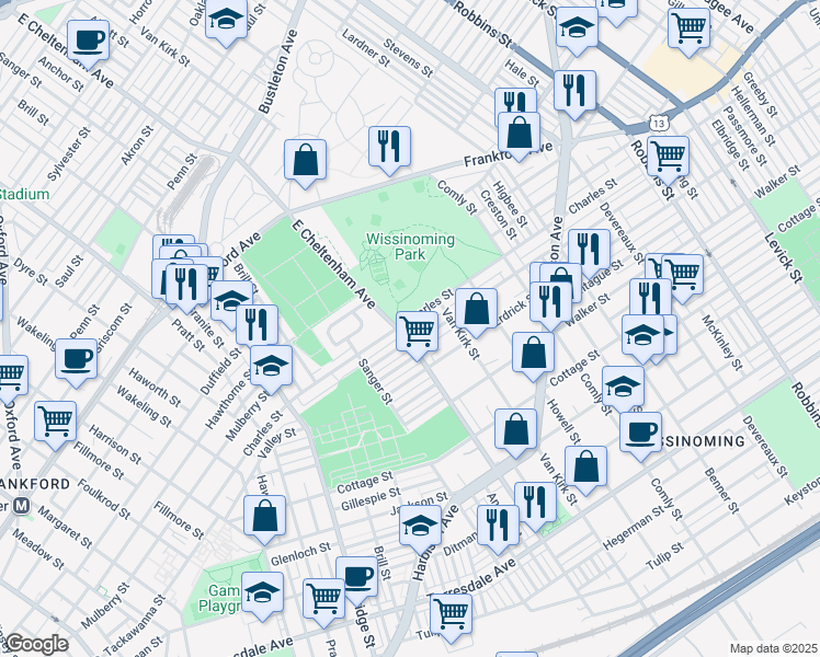 map of restaurants, bars, coffee shops, grocery stores, and more near 5452 Tackawanna Street in Philadelphia