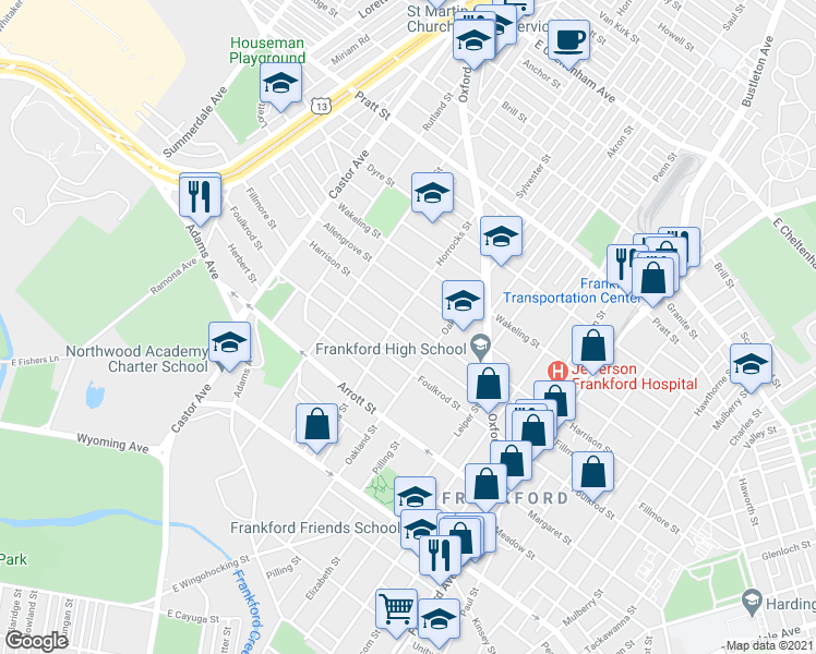 map of restaurants, bars, coffee shops, grocery stores, and more near 1230 Harrison Street in Philadelphia