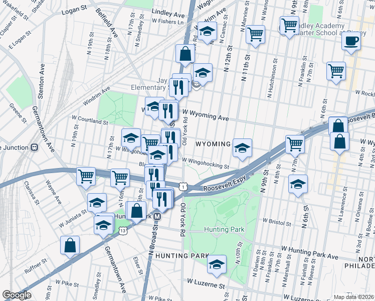 map of restaurants, bars, coffee shops, grocery stores, and more near 1317 West Wingohocking Street in Philadelphia