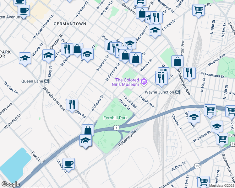 map of restaurants, bars, coffee shops, grocery stores, and more near 4661 Morris Street in Philadelphia