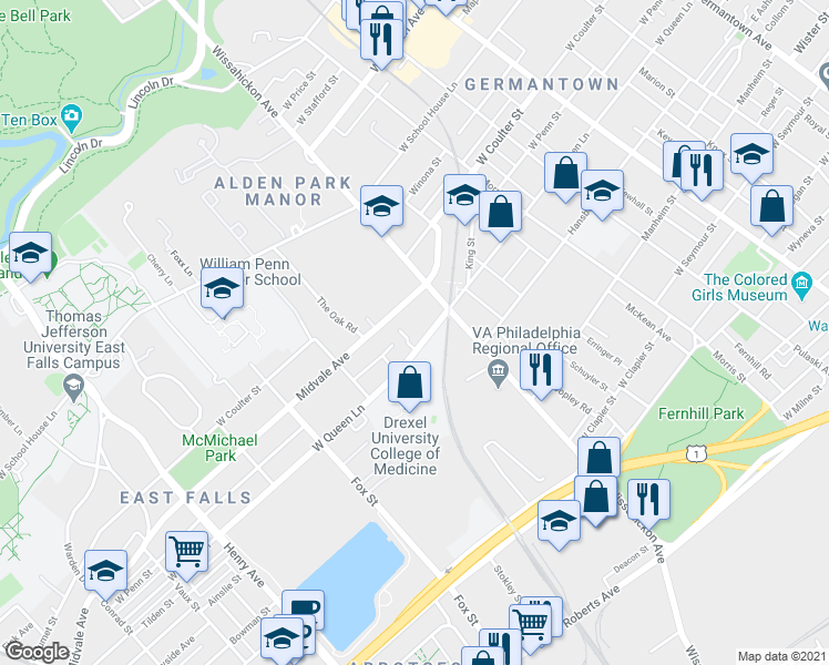 map of restaurants, bars, coffee shops, grocery stores, and more near 2823 West Queen Lane in Philadelphia