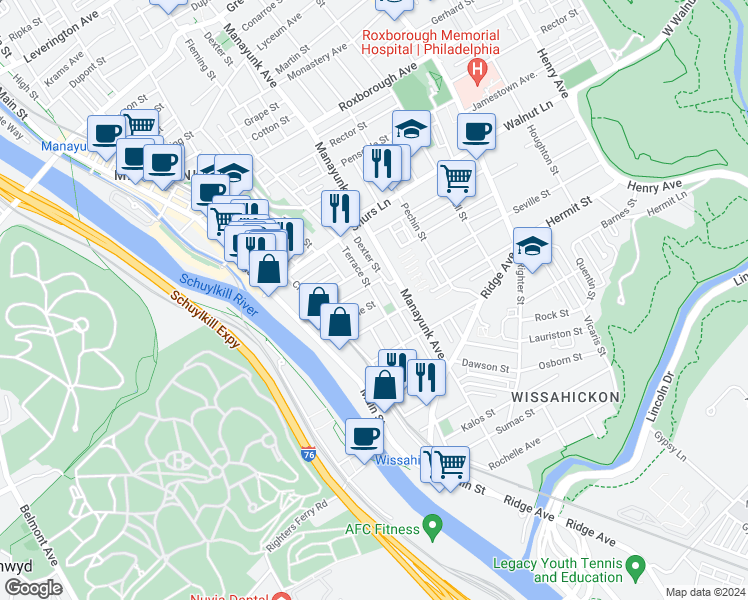 map of restaurants, bars, coffee shops, grocery stores, and more near 3918 Terrace Street in Philadelphia