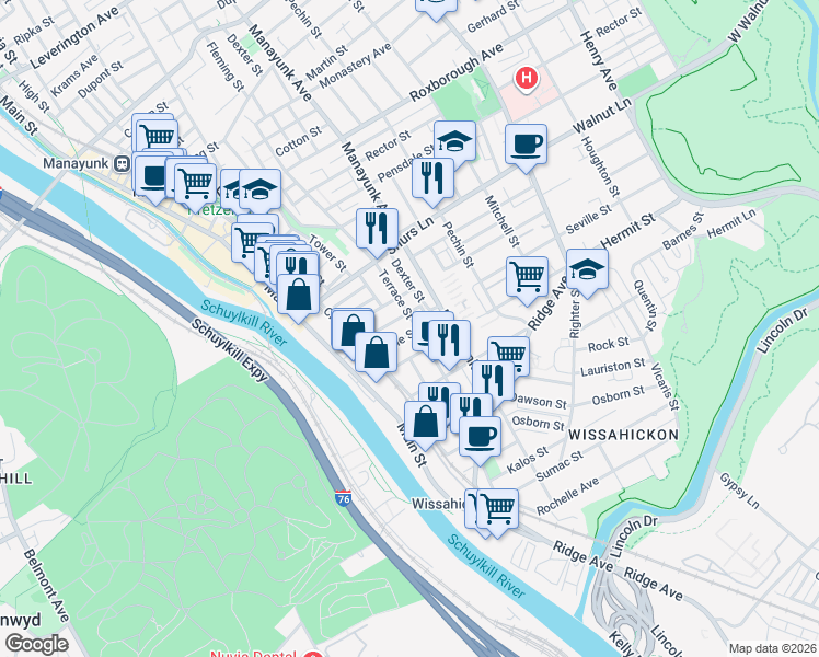 map of restaurants, bars, coffee shops, grocery stores, and more near 126 Seville Street in Philadelphia