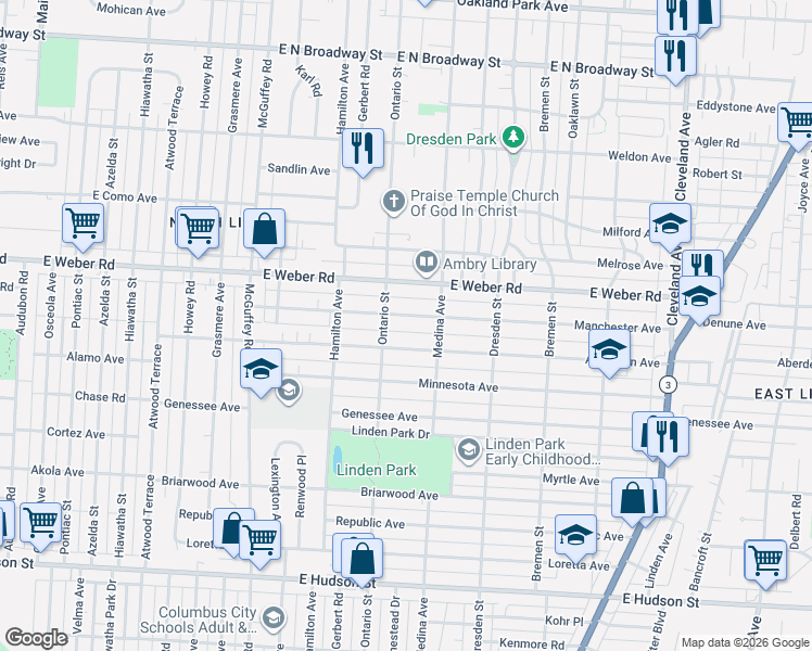 map of restaurants, bars, coffee shops, grocery stores, and more near 1340 Aberdeen Avenue in Columbus