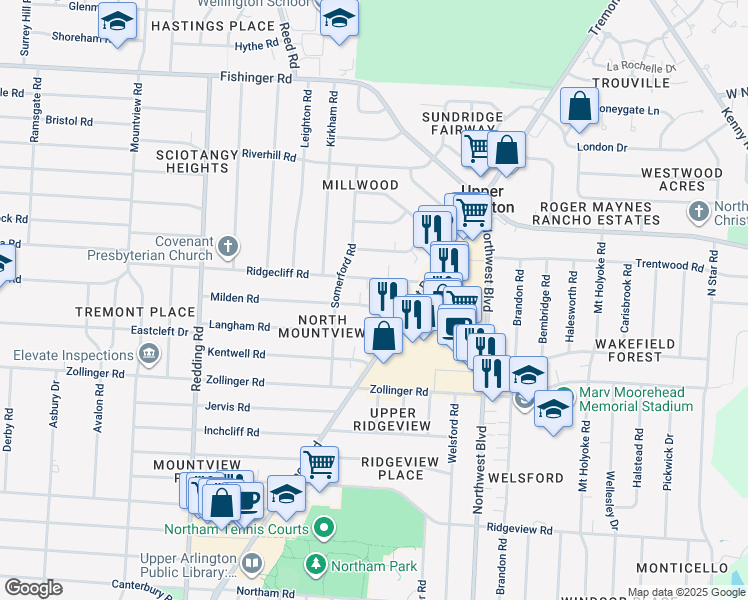 map of restaurants, bars, coffee shops, grocery stores, and more near 1847 Milden Road in Columbus