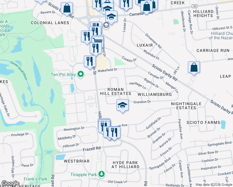map of restaurants, bars, coffee shops, grocery stores, and more near 3416 Farley Drive in Hilliard