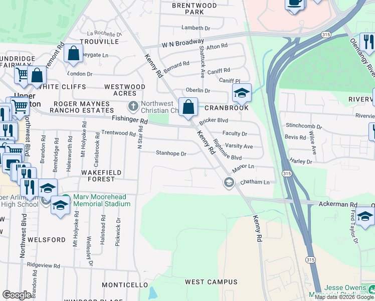 map of restaurants, bars, coffee shops, grocery stores, and more near 1083 Stanhope Drive in Columbus
