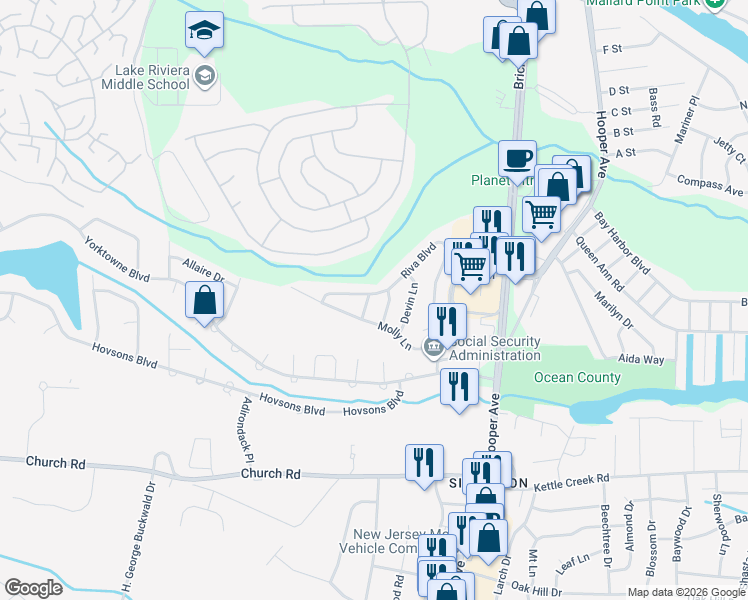 map of restaurants, bars, coffee shops, grocery stores, and more near 3 Joseph Way in Brick Township