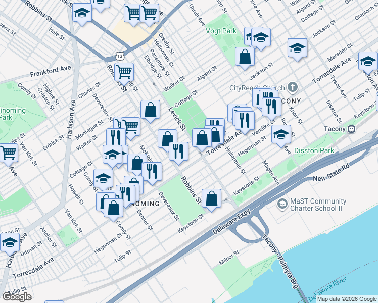 map of restaurants, bars, coffee shops, grocery stores, and more near in Philadelphia