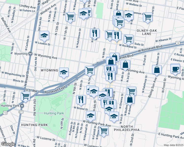 map of restaurants, bars, coffee shops, grocery stores, and more near 625 West Luray Street in Philadelphia