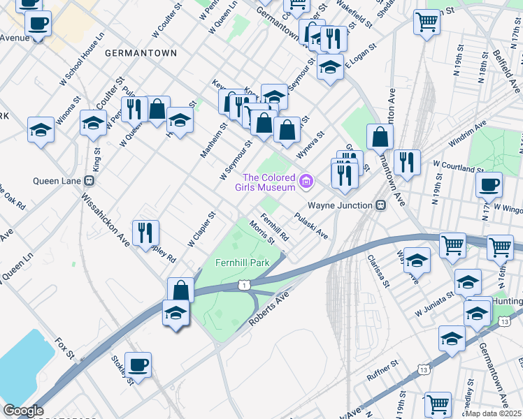 map of restaurants, bars, coffee shops, grocery stores, and more near 4653 Fernhill Road in Philadelphia