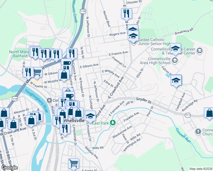 map of restaurants, bars, coffee shops, grocery stores, and more near 602 East Fayette Street in Connellsville