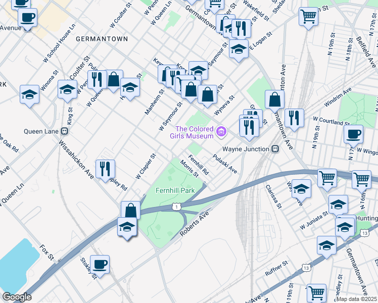 map of restaurants, bars, coffee shops, grocery stores, and more near 4653 Fernhill Road in Philadelphia