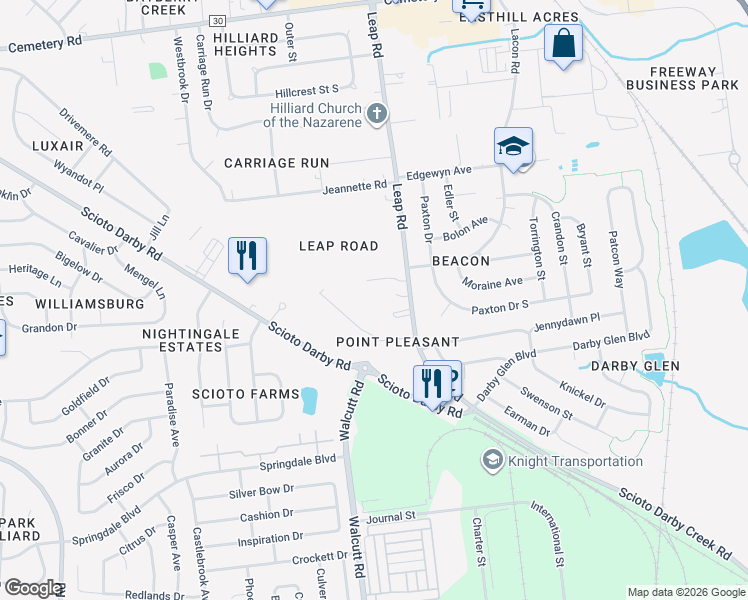 map of restaurants, bars, coffee shops, grocery stores, and more near 3363 Leap Road in Hilliard