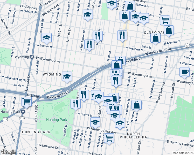 map of restaurants, bars, coffee shops, grocery stores, and more near 625 West Luray Street in Philadelphia