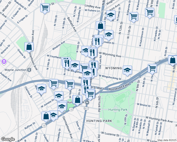 map of restaurants, bars, coffee shops, grocery stores, and more near 4511 North Carlisle Street in Philadelphia