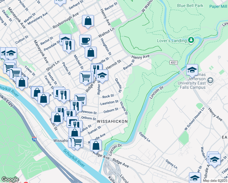map of restaurants, bars, coffee shops, grocery stores, and more near 5412 Vicaris Street in Philadelphia