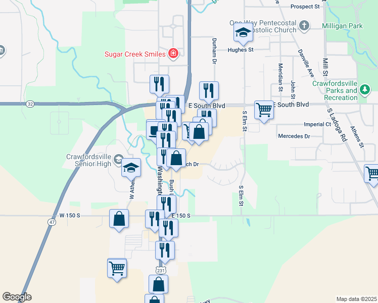 map of restaurants, bars, coffee shops, grocery stores, and more near Crawfordsville Square Drive in Crawfordsville