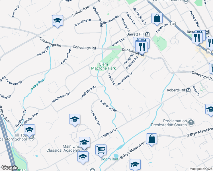 map of restaurants, bars, coffee shops, grocery stores, and more near 361 Yorkshire Road in Bryn Mawr
