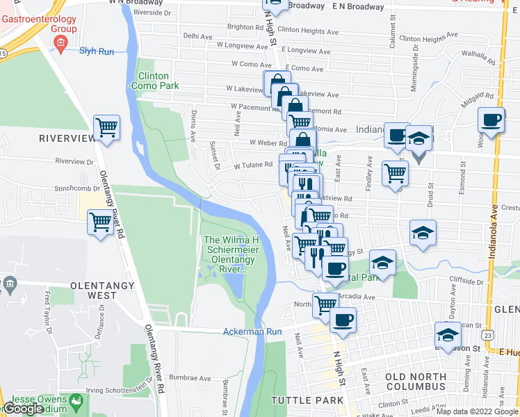 map of restaurants, bars, coffee shops, grocery stores, and more near 114 Olentangy Point in Columbus