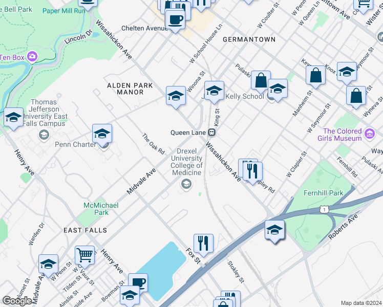 map of restaurants, bars, coffee shops, grocery stores, and more near 2813 West Queen Lane in Philadelphia