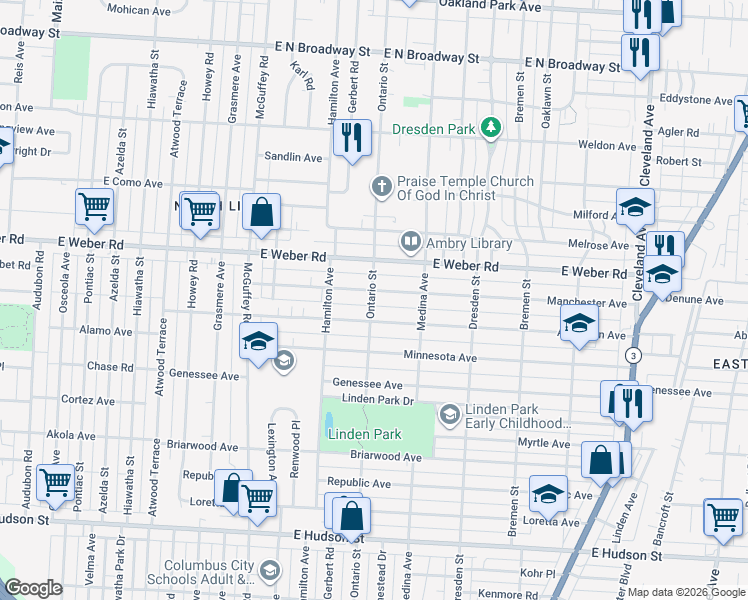 map of restaurants, bars, coffee shops, grocery stores, and more near 1340 Aberdeen Avenue in Columbus