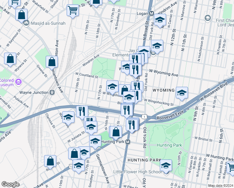 map of restaurants, bars, coffee shops, grocery stores, and more near 1521 West Wingohocking Street in Philadelphia