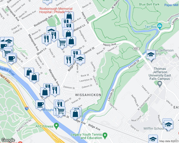 map of restaurants, bars, coffee shops, grocery stores, and more near 5412 Vicaris Street in Philadelphia