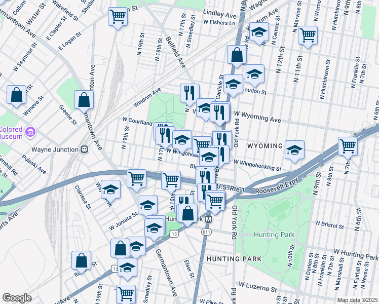 map of restaurants, bars, coffee shops, grocery stores, and more near 1521 West Wingohocking Street in Philadelphia