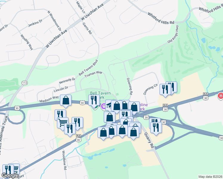 map of restaurants, bars, coffee shops, grocery stores, and more near 200 Truman Way in Downingtown